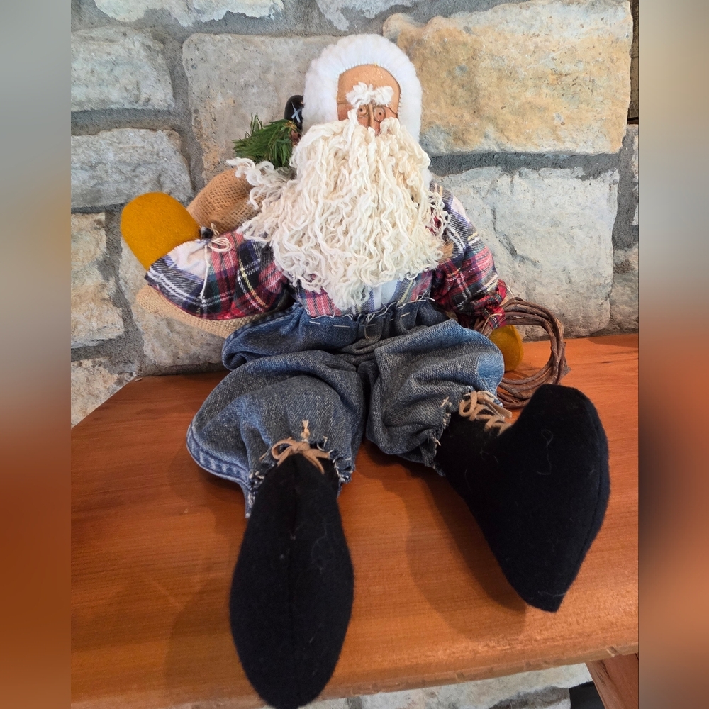 Vtg 90's Primitive Folk Art 17” Sitting Santa Handmade Flannel Shirt Denim Pants